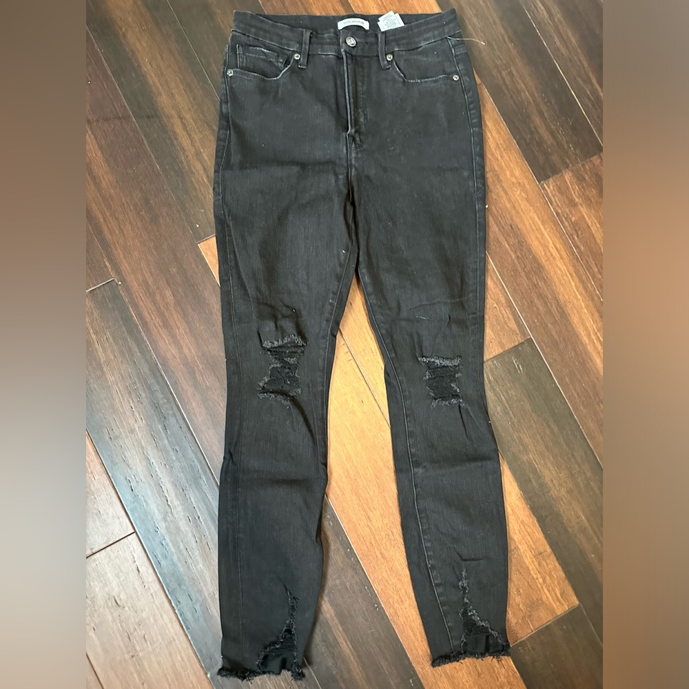 Good American black good waist skinny jeans - ripped knees and ankles sz 30